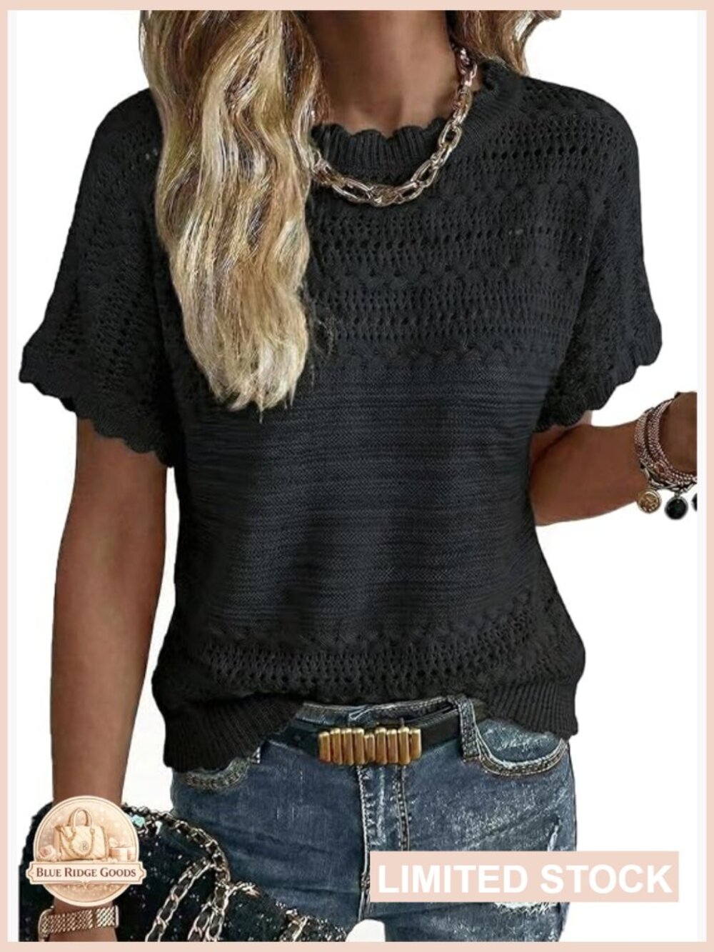Crochet Knit Pullover Sweater Crew Neck Short Sleeve Lightweight Relaxed Fit